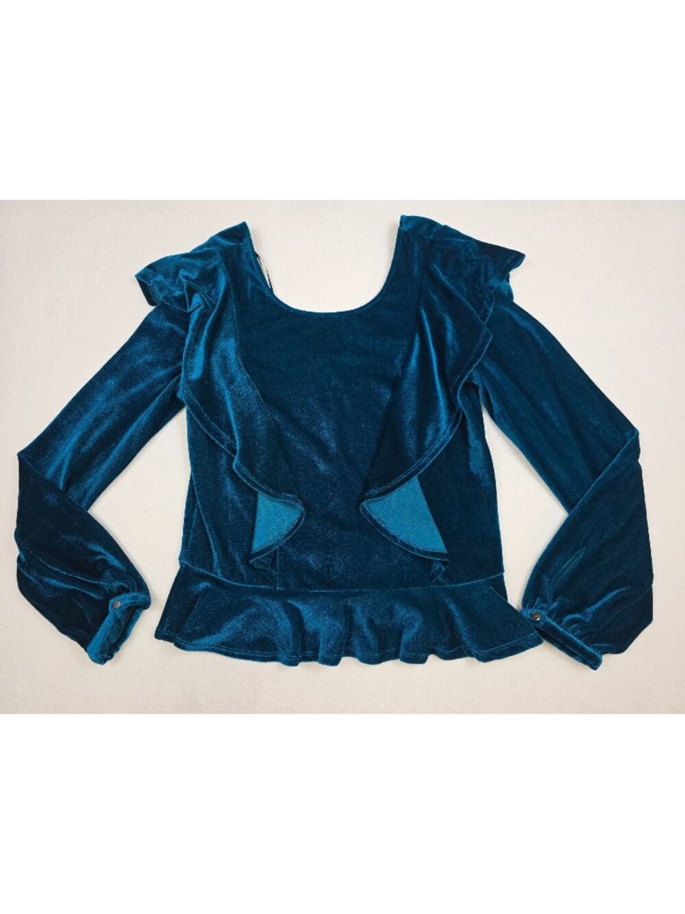 Willow & Clay Small Anthropologie Teal Blue Velvet Long Sleeve Ruffle Peplum Top